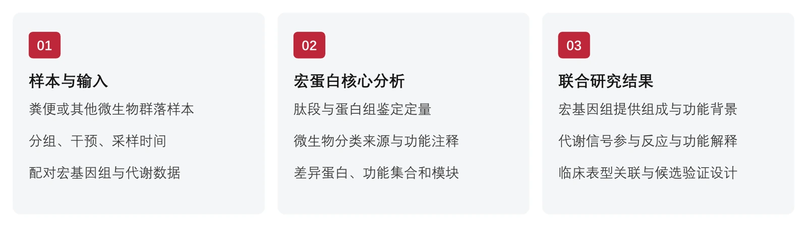 图1 方案结构示意:宏蛋白连接肽段证据、微生物来源和功能表达;配对组学与表型提供组成背景及样本层关联。