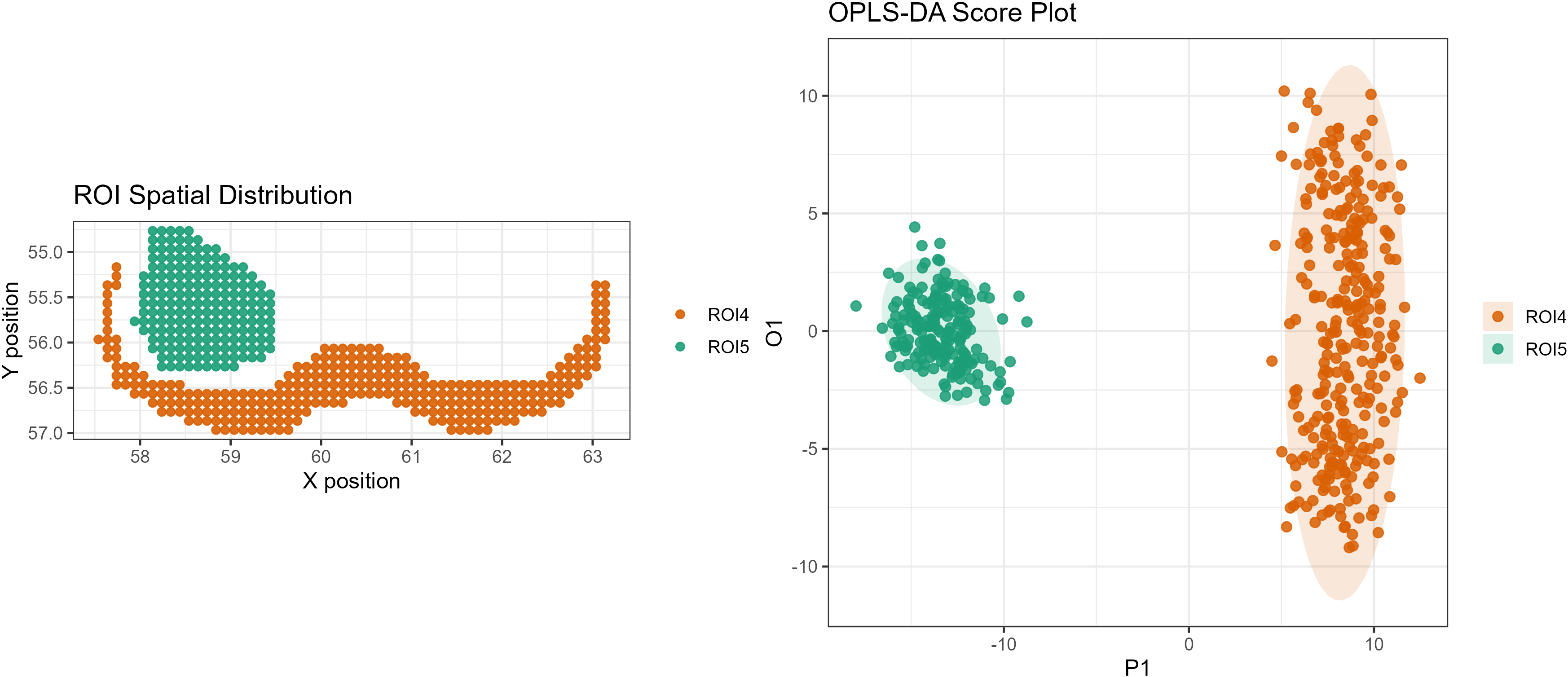 ROI 分布与 OPLS-DA 分组示例